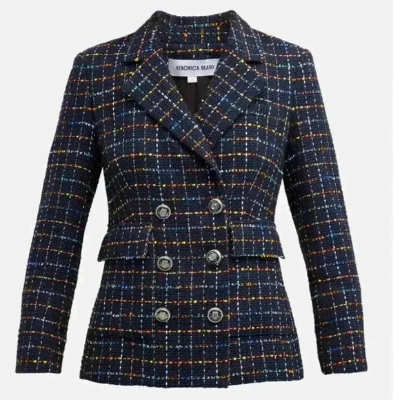 Veronica Beard Dickey Blazer Size 2 Tweed Jacket Rumer Double Breasted Navy Red - Picture 2 of 11